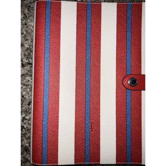 Coach Notebook with Stripe Print Silver Chalk Red Multi Smooth Leather New - Picture 2 of 6